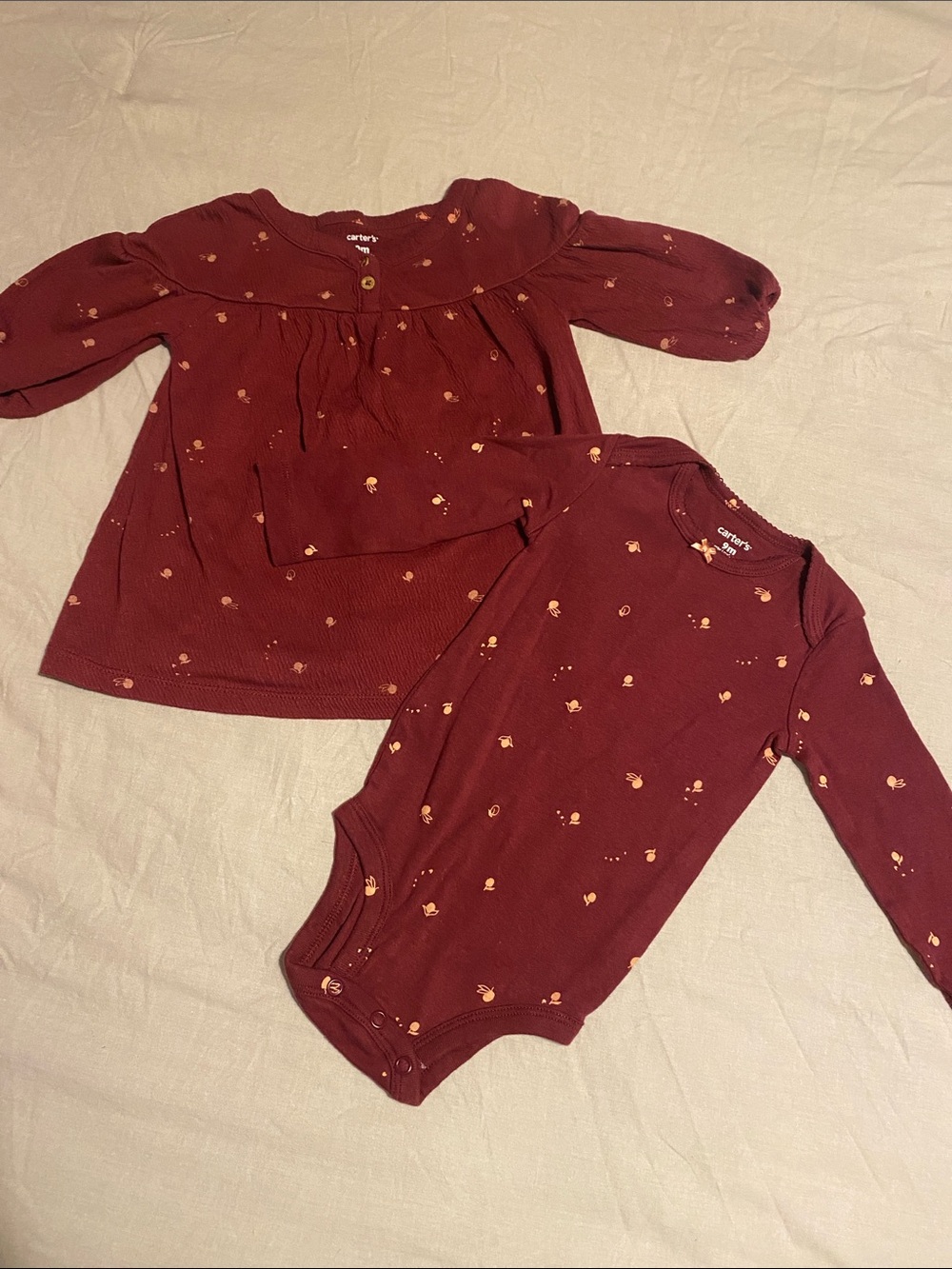 Carter's Burgundy Matching Two-Pieces Dress and Bodysuit with Tiny Orange Motif
